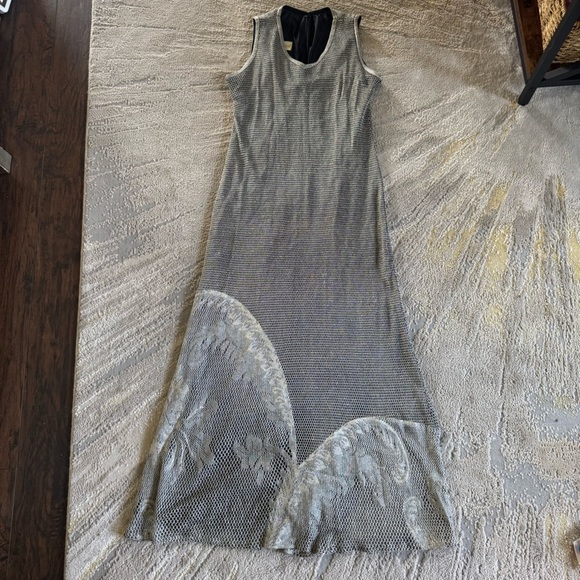 Vintage Damianou Silver & Gold Netted Overlay Long Maxi Formal Dress 90s Medium - Picture 1 of 11